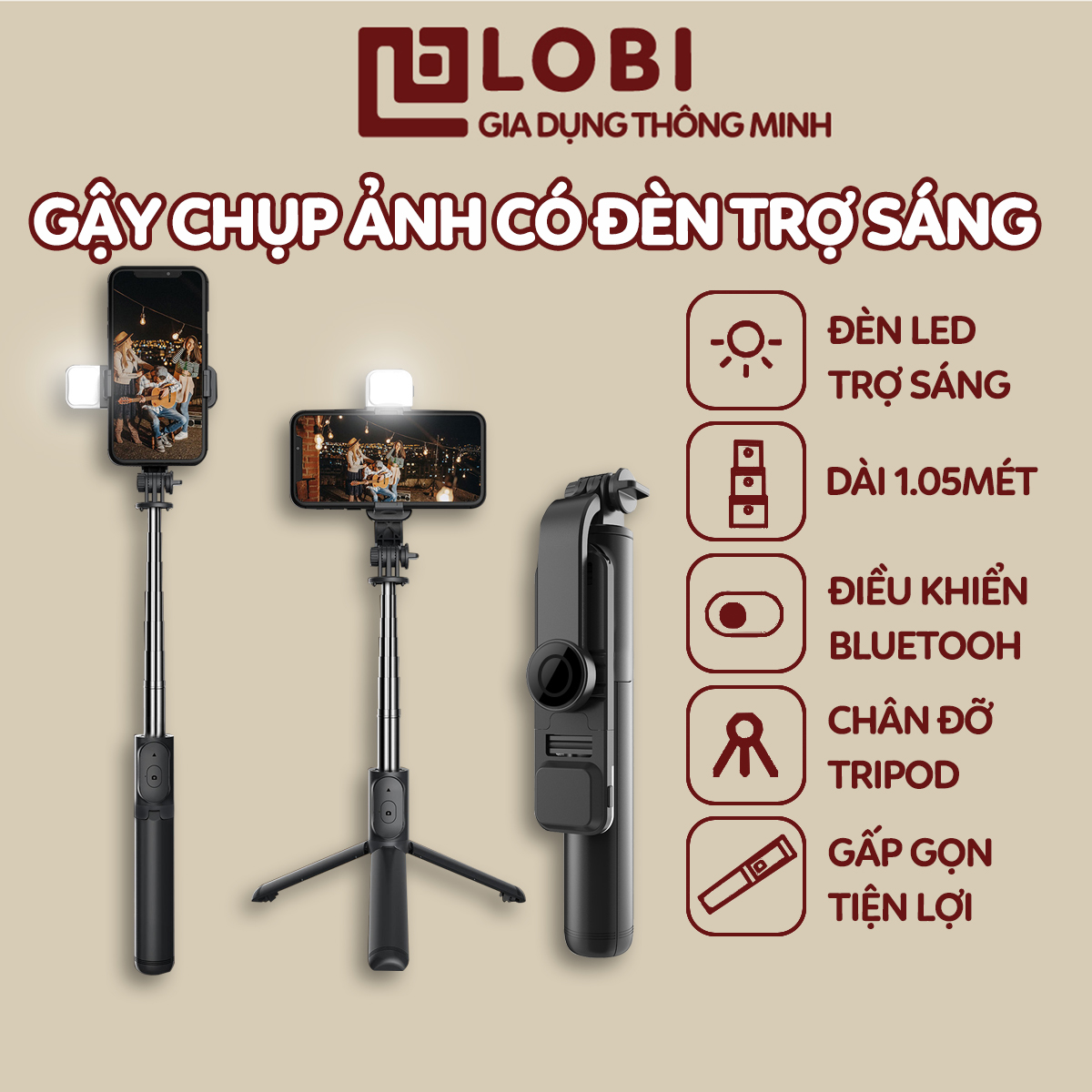 Gậy chụp ảnh 3 chân có đèn led trợ sáng Gậy tự sướng selfie chụp hình bluetooth điều khiển từ xa xoay nhiều góc độ