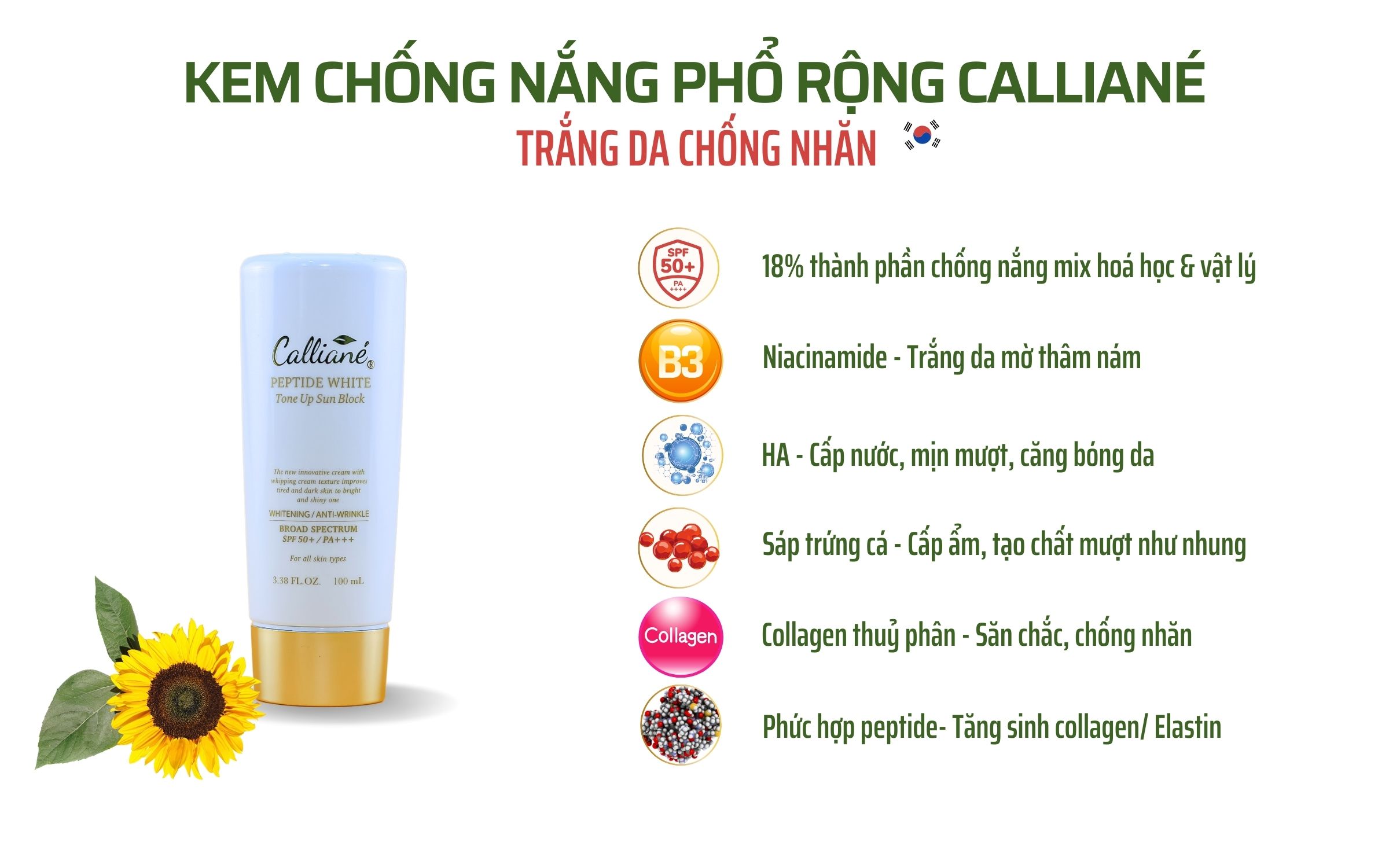 Kem Chống Nắng Phổ Rộng Dưỡng Trắng Chống Nhăn Calliané Hàn Quốc