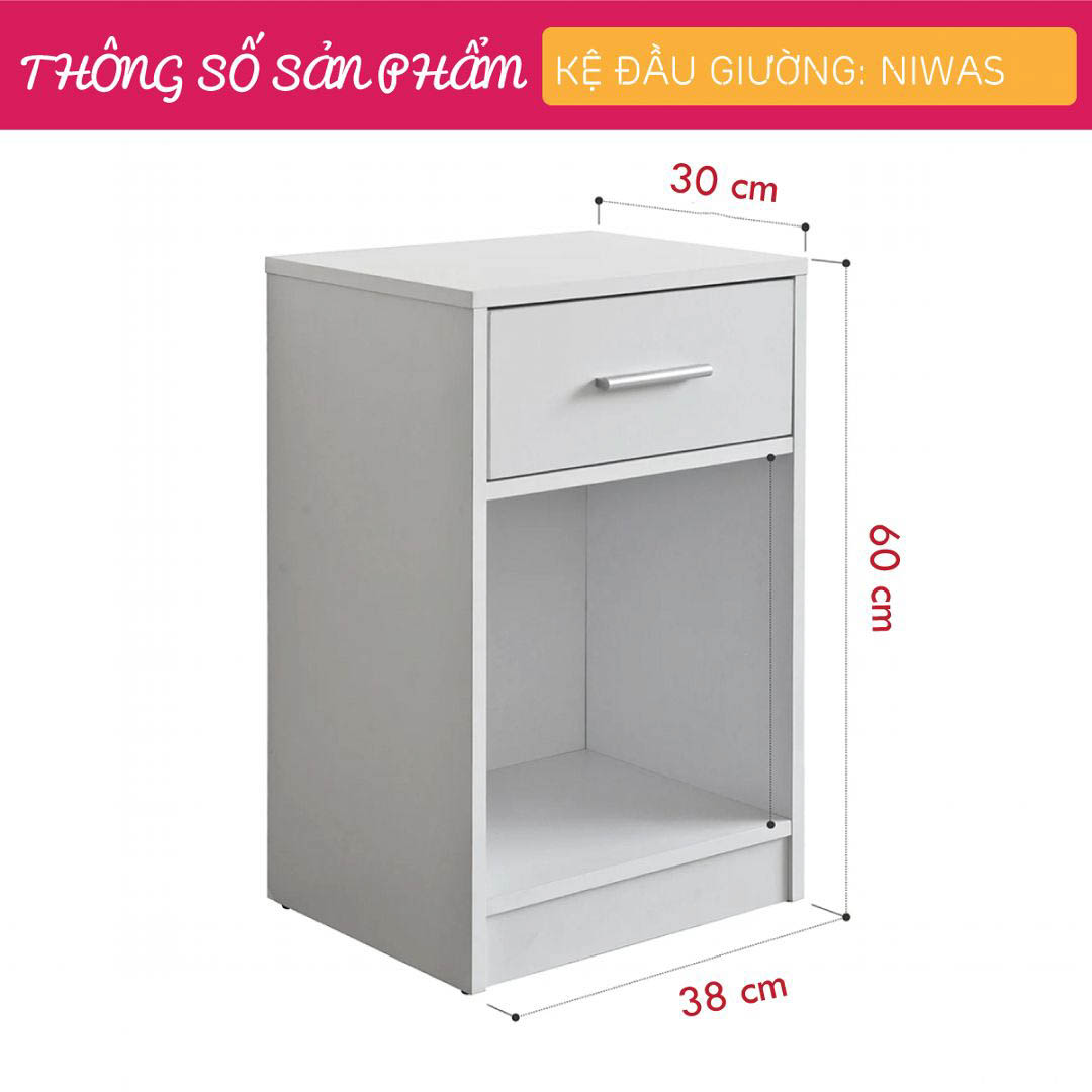 Kệ gỗ đầu giường hiện đại SMLIFE Niwas | Gỗ MDF dày 17mm chống ẩm | D38xR30xC60cm