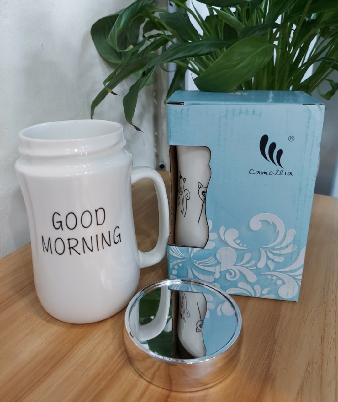 CỐC GIỮ NHIỆT BẰNG SỨ CAO CẤP CÓ NẮP GƯƠNG SOI