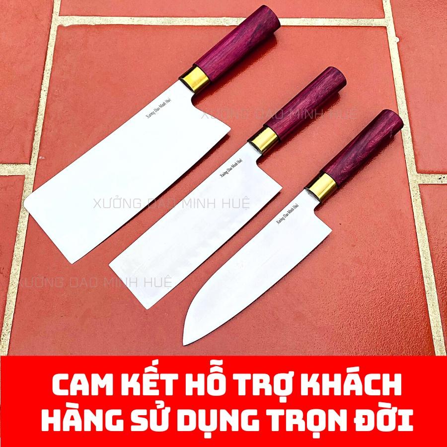 Dao thép trắng không rỉ cao cấp , bộ dao thép nhật 3 món chặt thái đa năng xưởng dao minh huệ