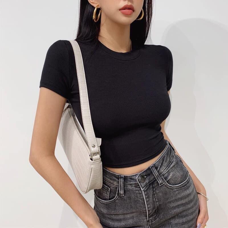 F937 Áo ôm croptop cổ tròn tay ngắn