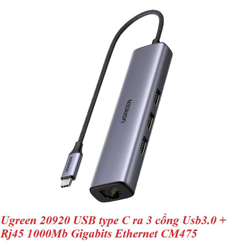 Ugreen UG20920CM475TK 10/100 / 1000Mbps gigabits Type C sang 3 × USB 3.0 + RJ45 Bộ chuyển đổi - HÀNG CHÍNH HÃNG