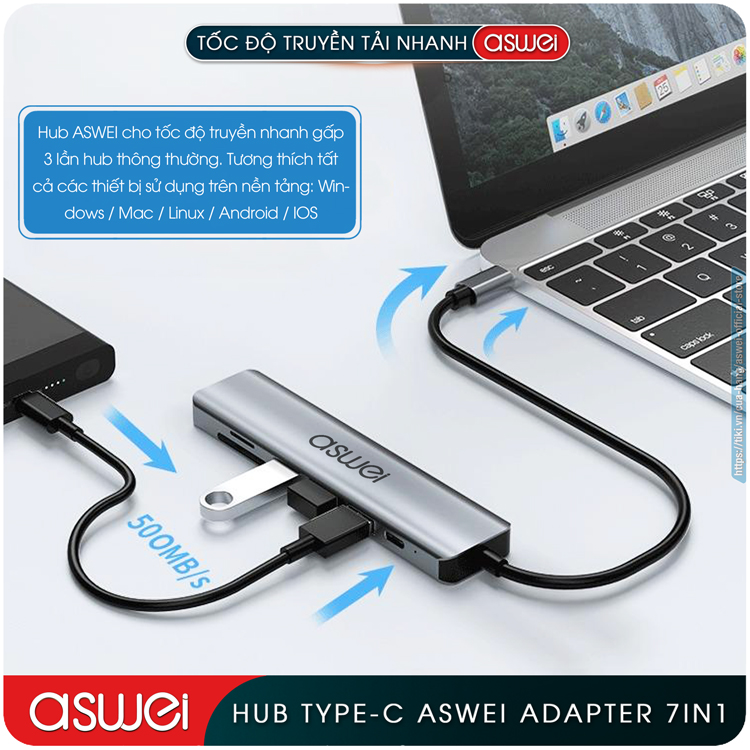 Hub Type C ASWEI 7 in 1 To HDMI, USB 3.0, SD, TF, USB C, PD - Hub Chuyển Đổi USB Type C 7 Cổng - Cổng Chia USB, Ổ Chia USB Tốc Độ Cao Dành Cho Macbook, Laptop, PC, Máy Tính Bảng, Điện Thoại - Hàng Chính Hãng