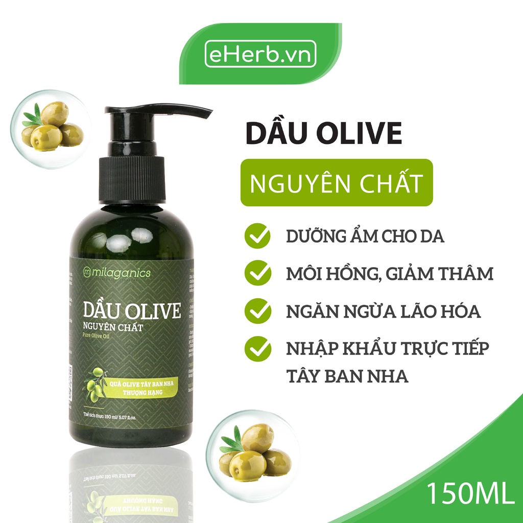 Dầu Olive Milaganics Nguyên Chất 100%, Dưỡng Da, Móng, Tóc - Dưỡng Ẩm Cho Da, Môi Hồng, Giảm Thâm, Ngăn Ngừa Lão Hóa 150ml/Chai