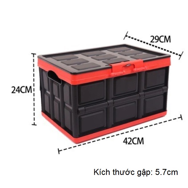 Hộp để đồ đa năng gấp gọn cốp sau ô tô dung tích 30 lít, Kích thước: Sâu x Rộng x Cao (42cm x 29cm x 24cm), Màu đen viền đỏ, KM309-30