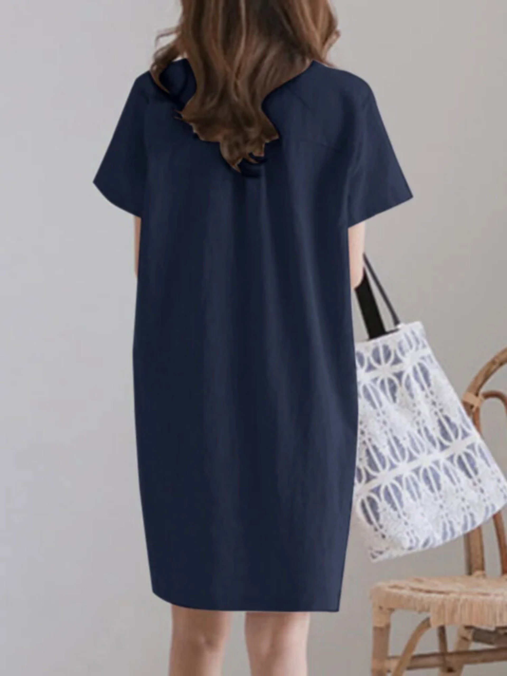 Đâm sơ mi nữ, đầm suông nữ cổ tàu đóng cúc thanh lịch, chất linen mềm mát AH199