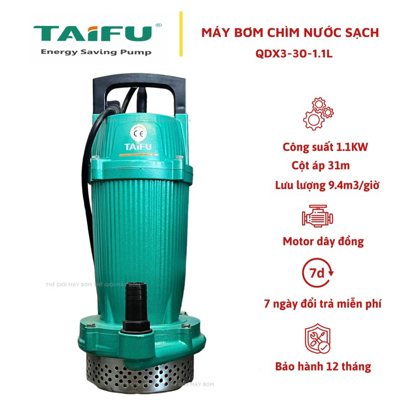 Máy bơm chìm đẩy cao 1.1Kw (1.5HP) cổ 25 Thân nhôm sơn tĩnh điện, không ngâm dầu TAIFU QDX3-30-1.1L - Bảo hành 1 năm