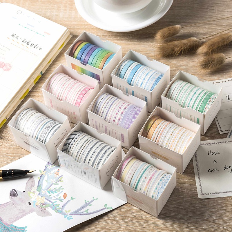 Bộ 10 Băng Keo Washi Tape nhiều màu sắc dùng trang trí album độc đáo, sổ nhật kí DIY