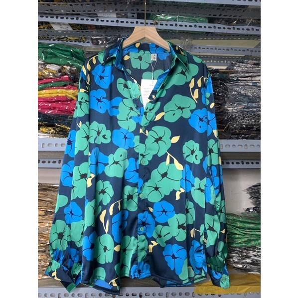 Áo sơ mi lụa Satin tay bồng hoa xanh dáng suông