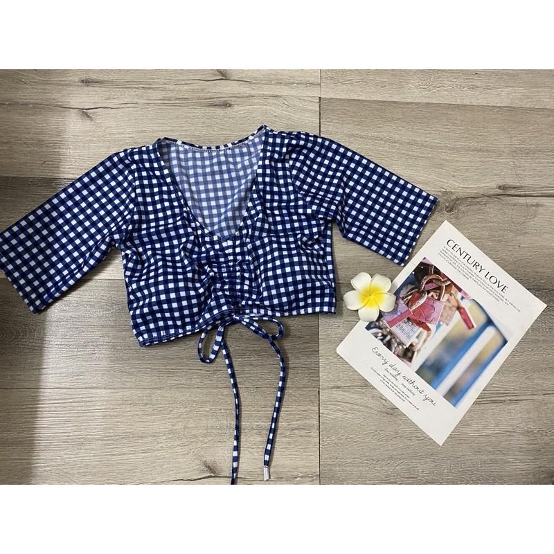 Đồ bơi nữ kín đáo váy rút dây sành điệu- Bikini đi biển 2 mảnh áo tay ngắn trẻ trung- shopnabi