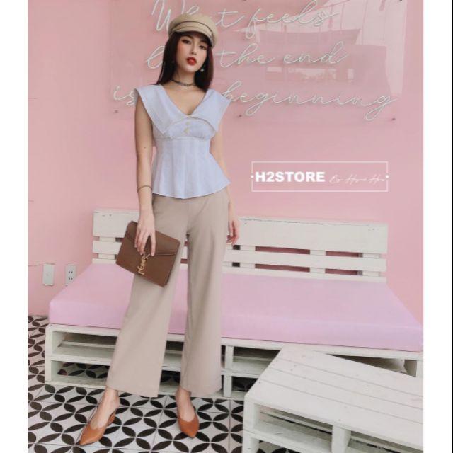 Set áo pelum cổ V + quần ống rộng nude