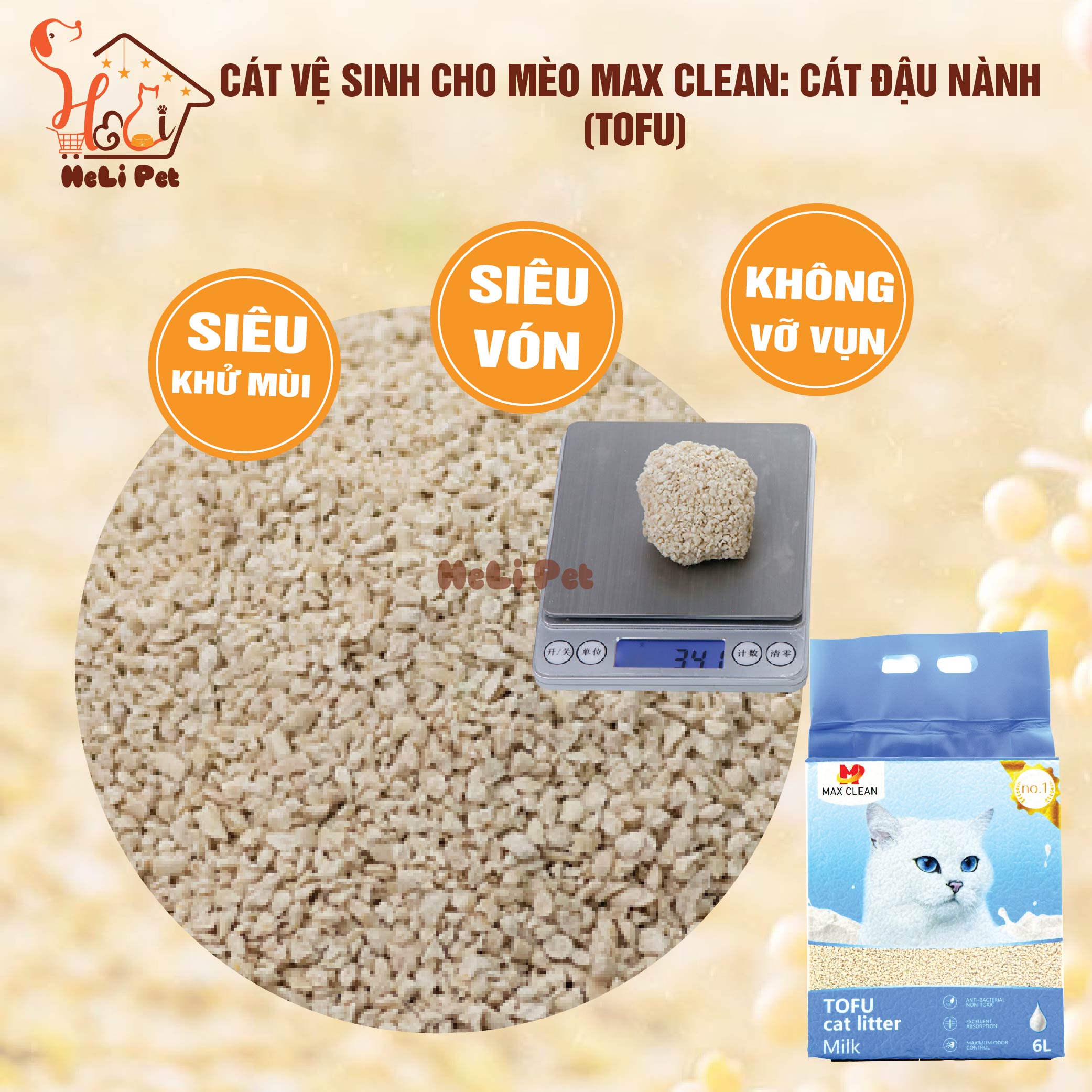 Cát Đậu Nành Max Clean HƯƠNG SỮA Cát Vệ Sinh Cao Cấp Cho Mèo Siêu Vón Cục Không Bụi, Tan Trong Nước- HeLiPet