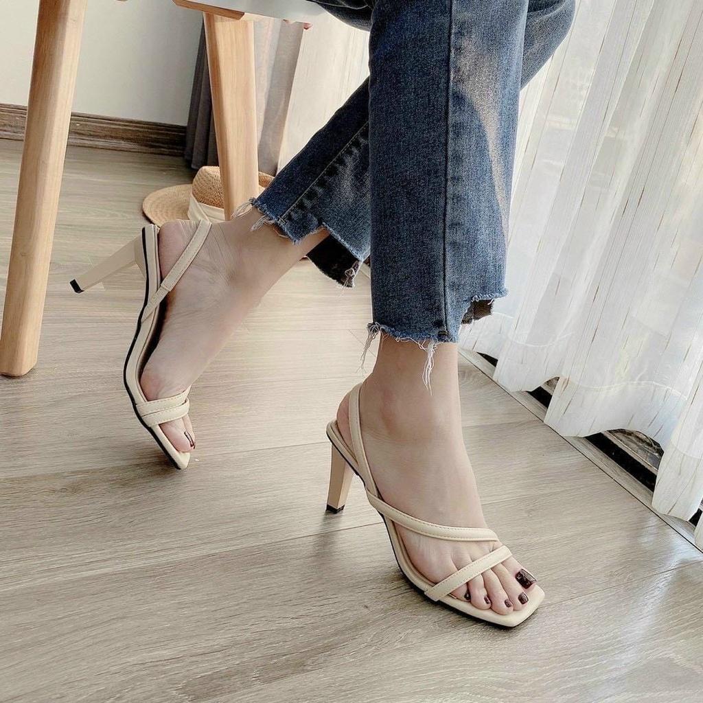 Sandal quai mảnh vát chéo gót mỏng thấp - 7P