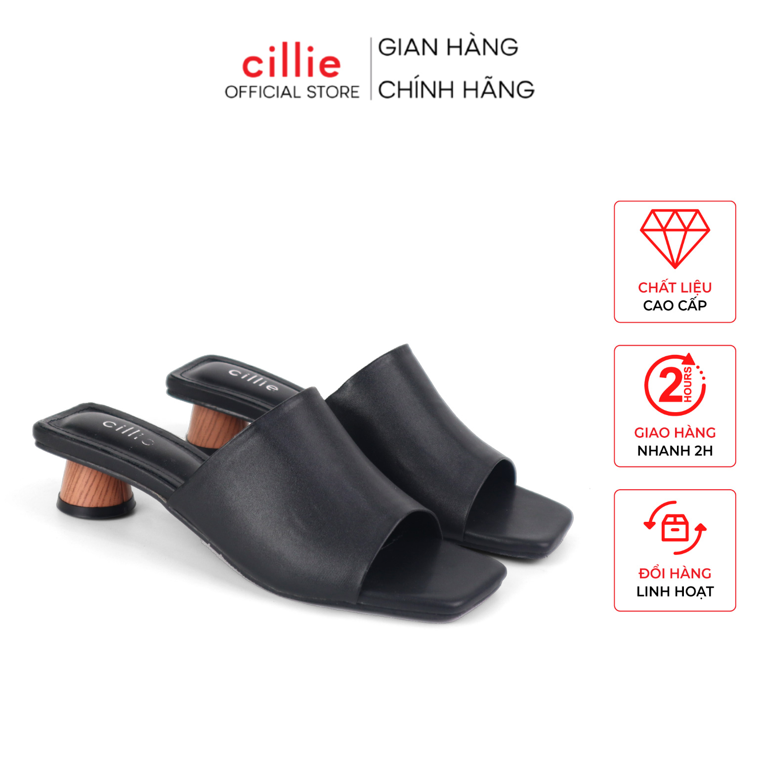 Guốc nữ mũi vuông quai bản to gót trụ cao 3p đi chơi đi dạo Cillie 1077