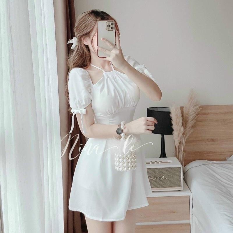 Đầm xoè cổ yếm tay phồng cột nơ dịu dàng nữ tính