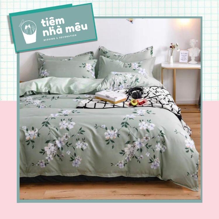 Bộ Chăn Ga Gối Cotton 3Dm6/m8/2m-Tiệm Nhà MêuSet 4 Món 2 Vỏ gối ,drap , vỏ chăn Hoa Mai Xanh Ngọc Cao Cấp
