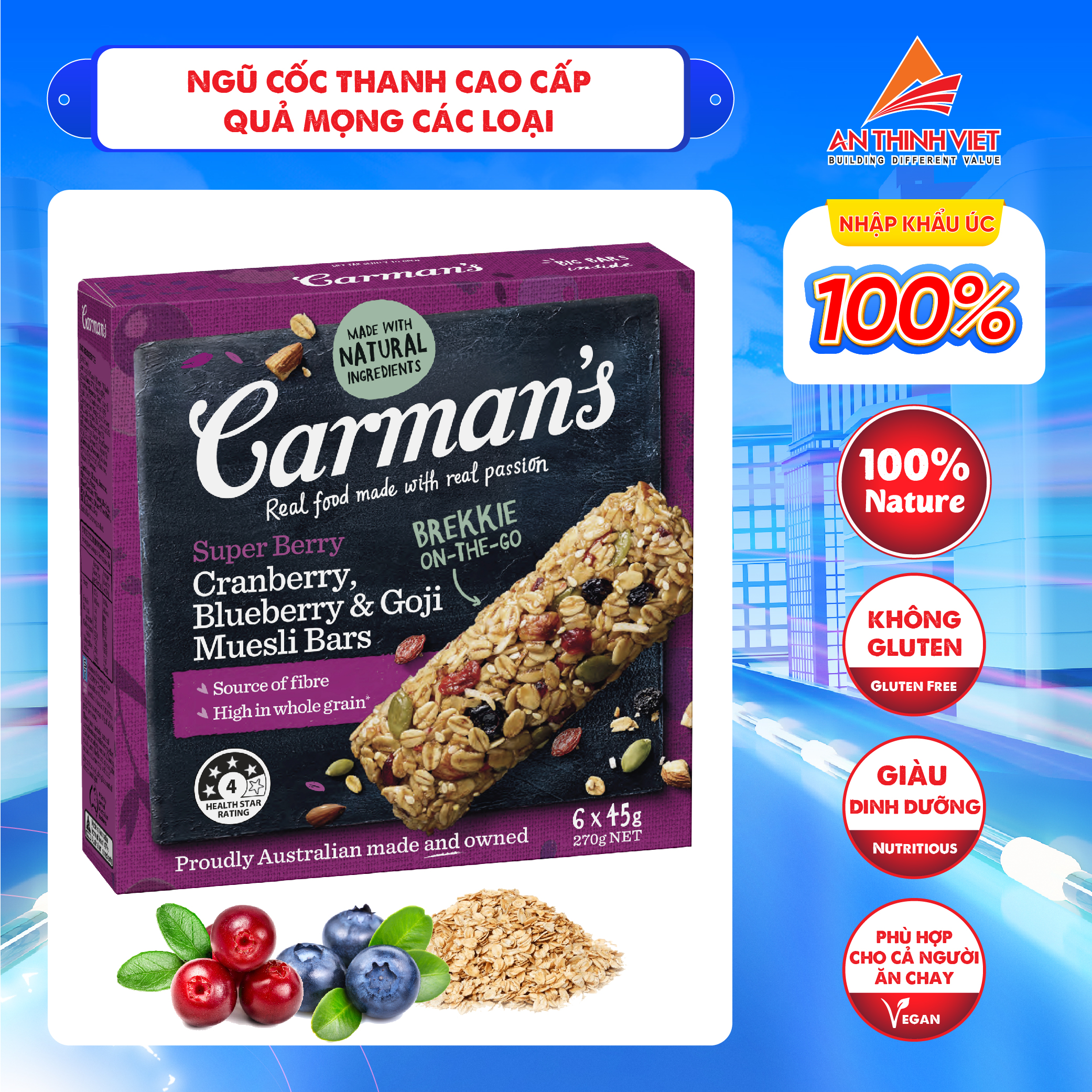 Thanh Ngũ Cốc Ăn Kiêng Carman's Super Berry Muesli Bar Cranberry, Blueberry, Goji - 270g