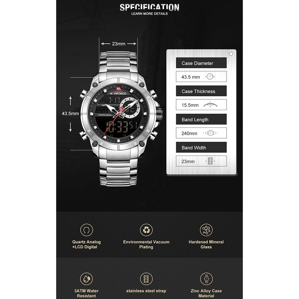 Đồng hồ đeo tay điện tử chuyên nghiệp Chống nước 3ATM Giờ GMT Đa chức năng NAVIFORCE Dây đeo bằng thép không gỉ