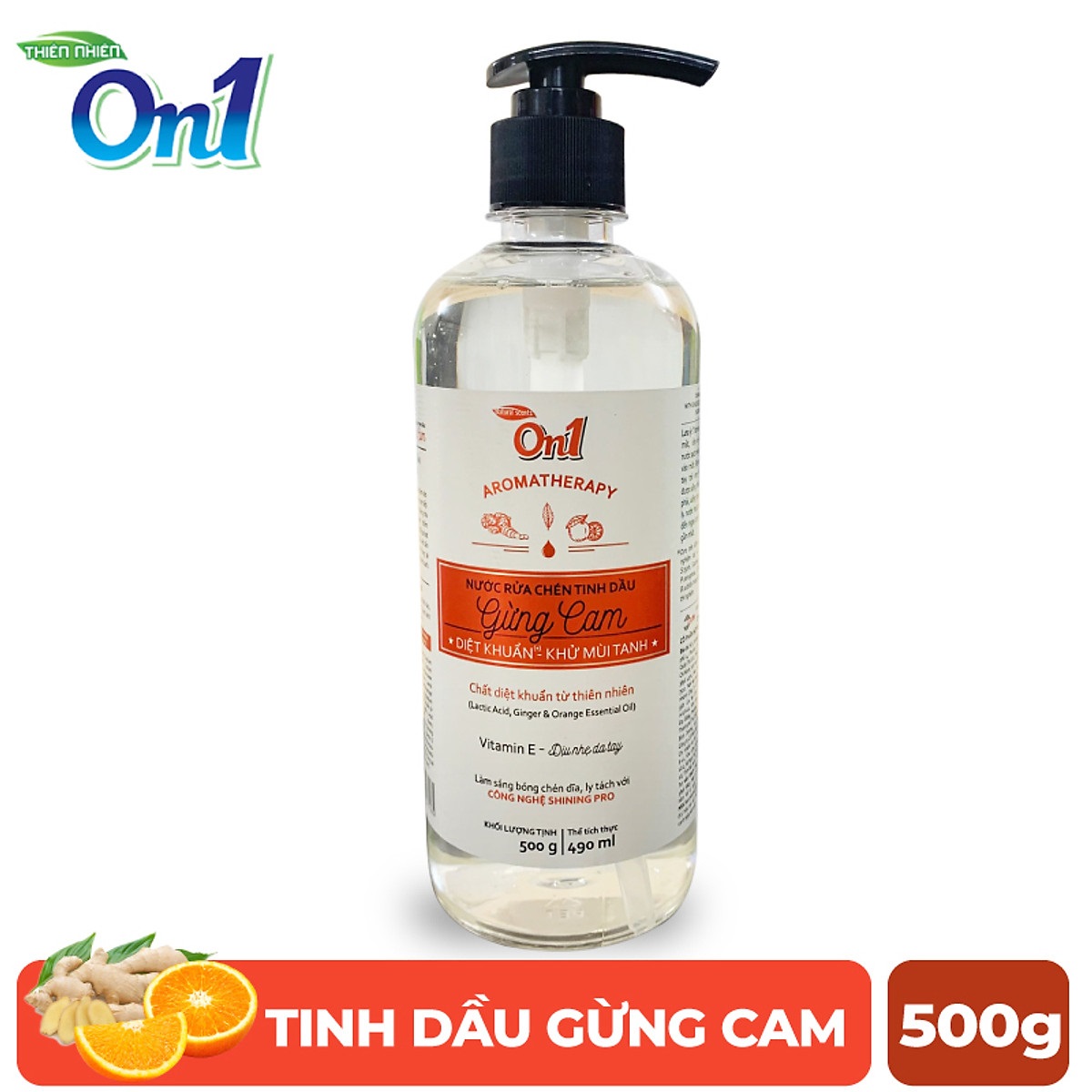 Nước rửa chén On1 tinh dầu hương gừng cam dung tích 500g N5602 - Sạch bóng vết dầu mỡ - Bảo vệ da tay