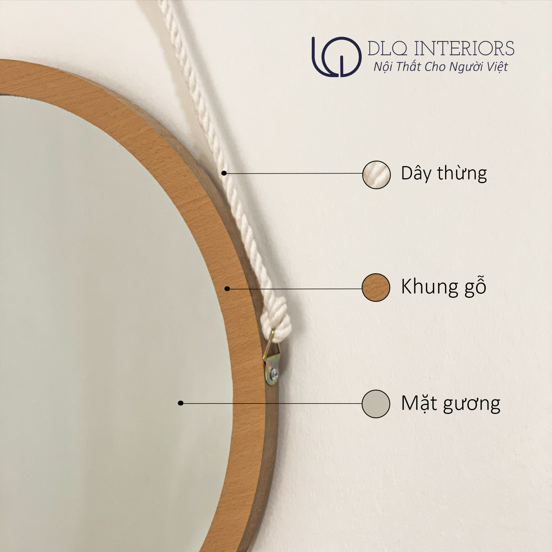 Gương Tròn Viền Gỗ Dây Thừng Treo Tường DLQ MIRROR Decor Góc Học Tập Làm Việc Phòng Ngủ Siêu Đẹp