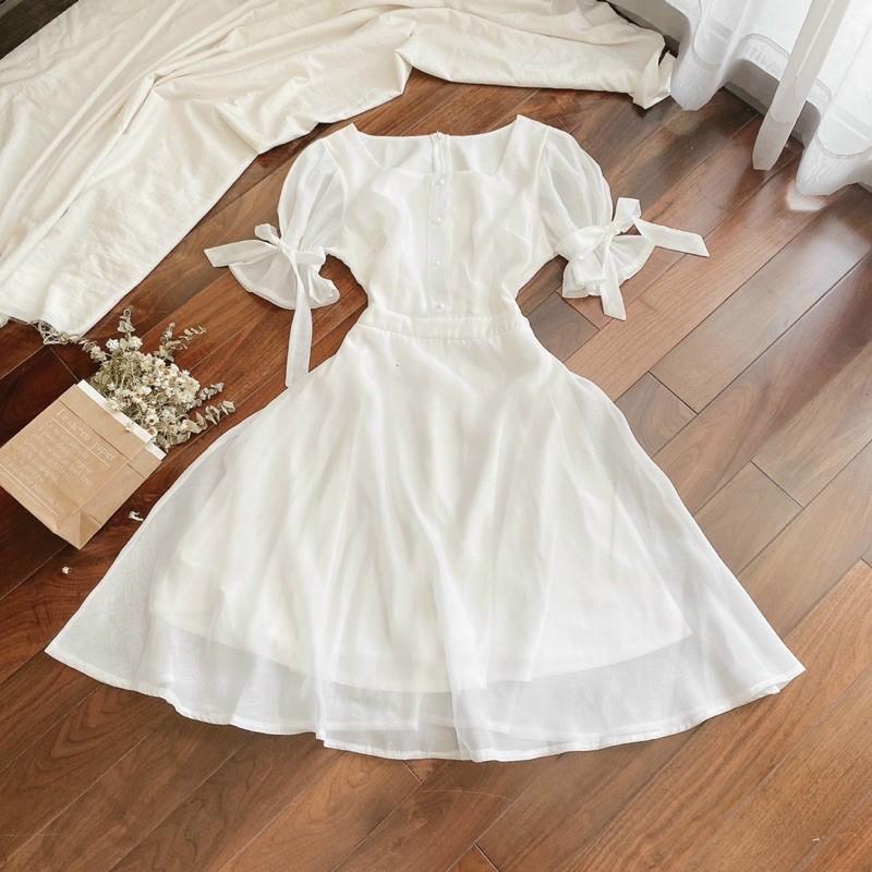ĐẦM TAY NGẮN BUỘC NƠ TRẮNG, HỒNG XINH XẮN