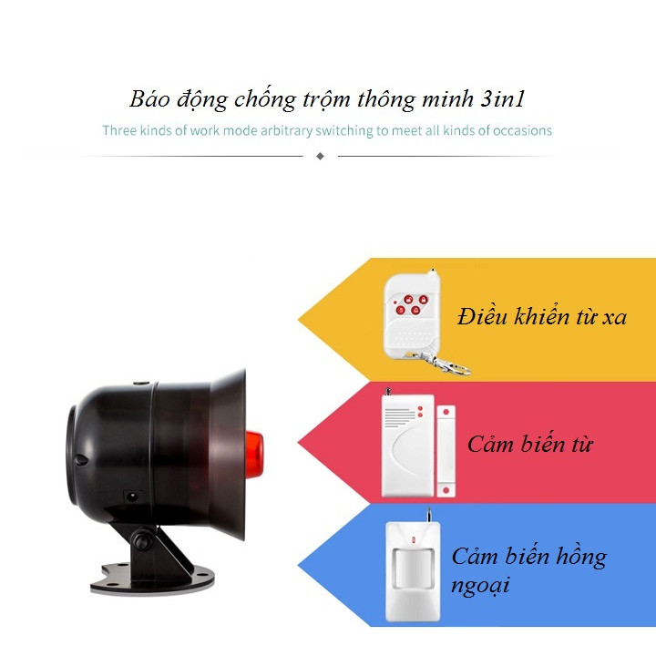 Thiết bị báo động chống trộm bảo vệ nhà cửa thông minh cao cấp MR-300 ( gồm 1 loa báo động, 2 điều khiển từ xa, 1 cảm biến từ và 1 cảm biến hồng ngoại -Tặng 1 móc khóa tô vít 3in1 )