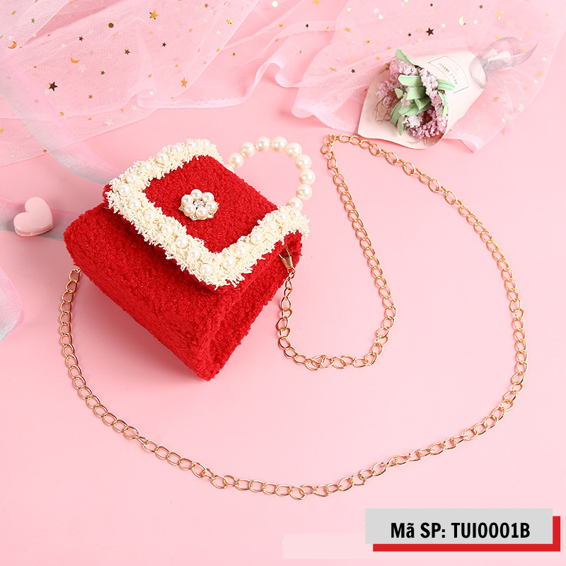 Túi Đeo Chéo Bé Gái Dạ Màu Đỏ Nhiều Hoạ Tiết Mixi Kids TUI0001B