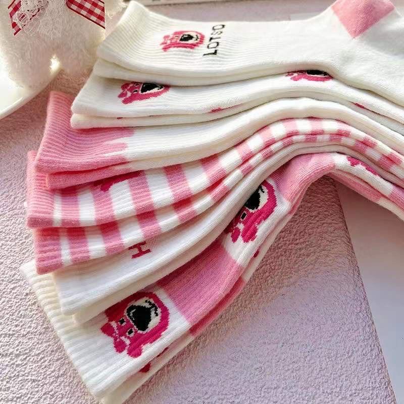 set5 đôi Vớ cotton cổ cao hình gấu dâu LOSTO dễ thương Hàn Quốc - Tất cao cổ hoạ tiết gấu hồng co giãn - Hồng