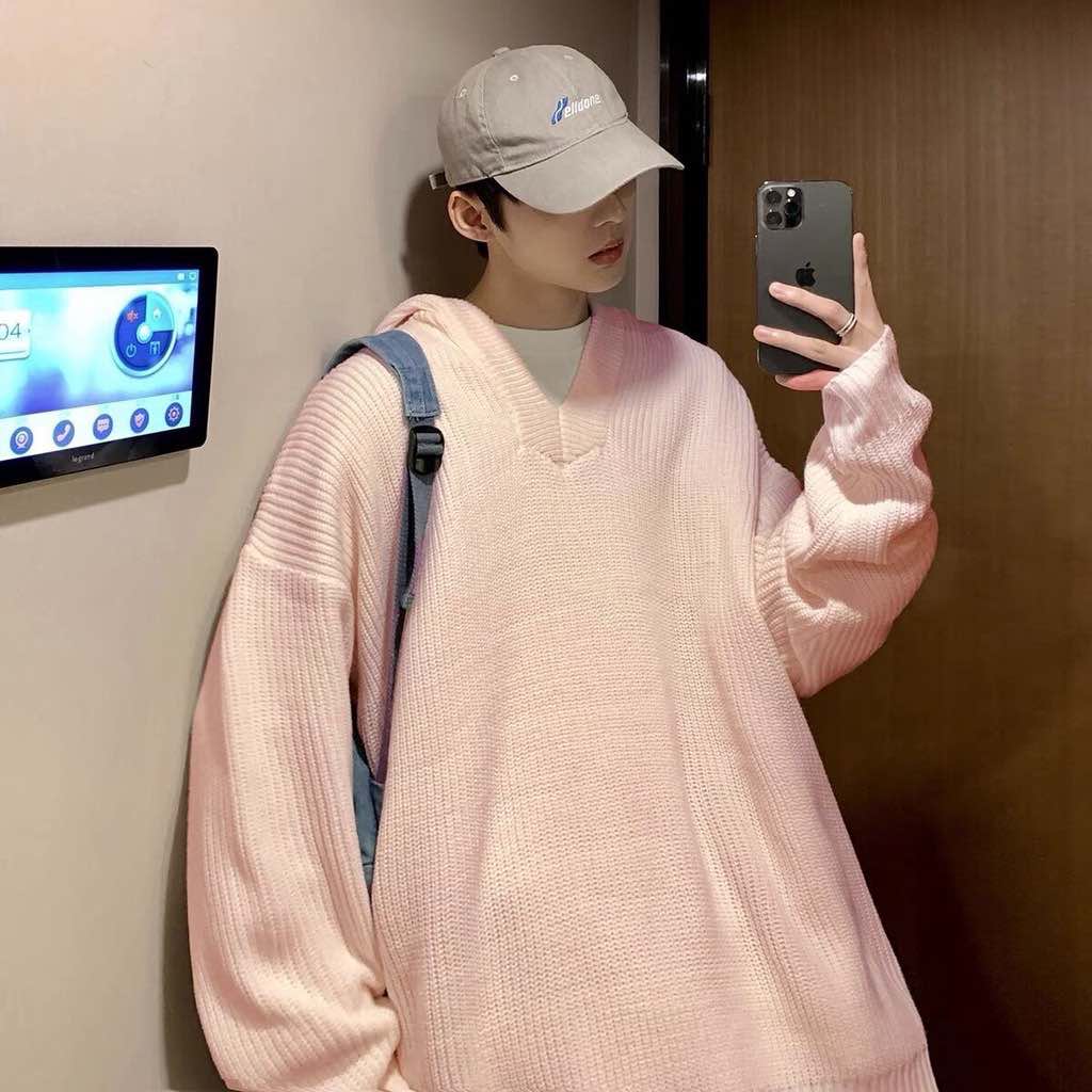 Áo len hoodie dáng dài oversize cho nam nữ (Màu Hồng)