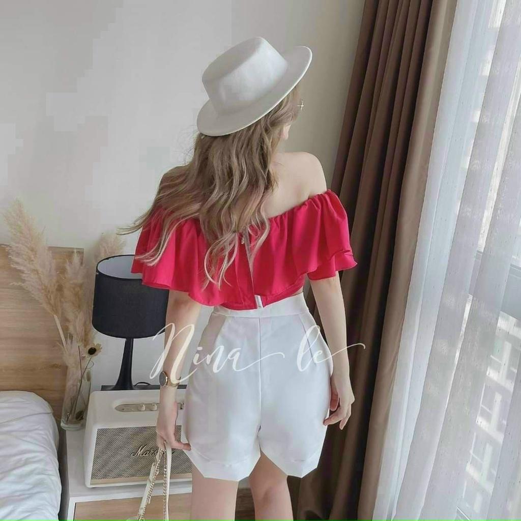 TBL Set áo xanh bơ trễ vai bèo lai kèm quần đùi short trắng tiểu thư mẫu Nina Lê