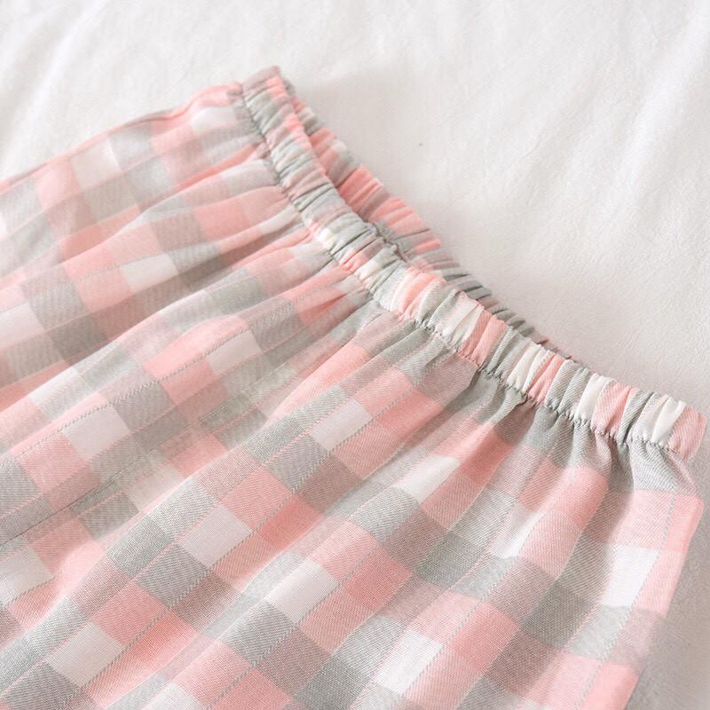 Bộ pyjama nữ mặc nhà, mặc ngủ dáng ngắn chất vải xô mềm mát họa tiết kẻ caro