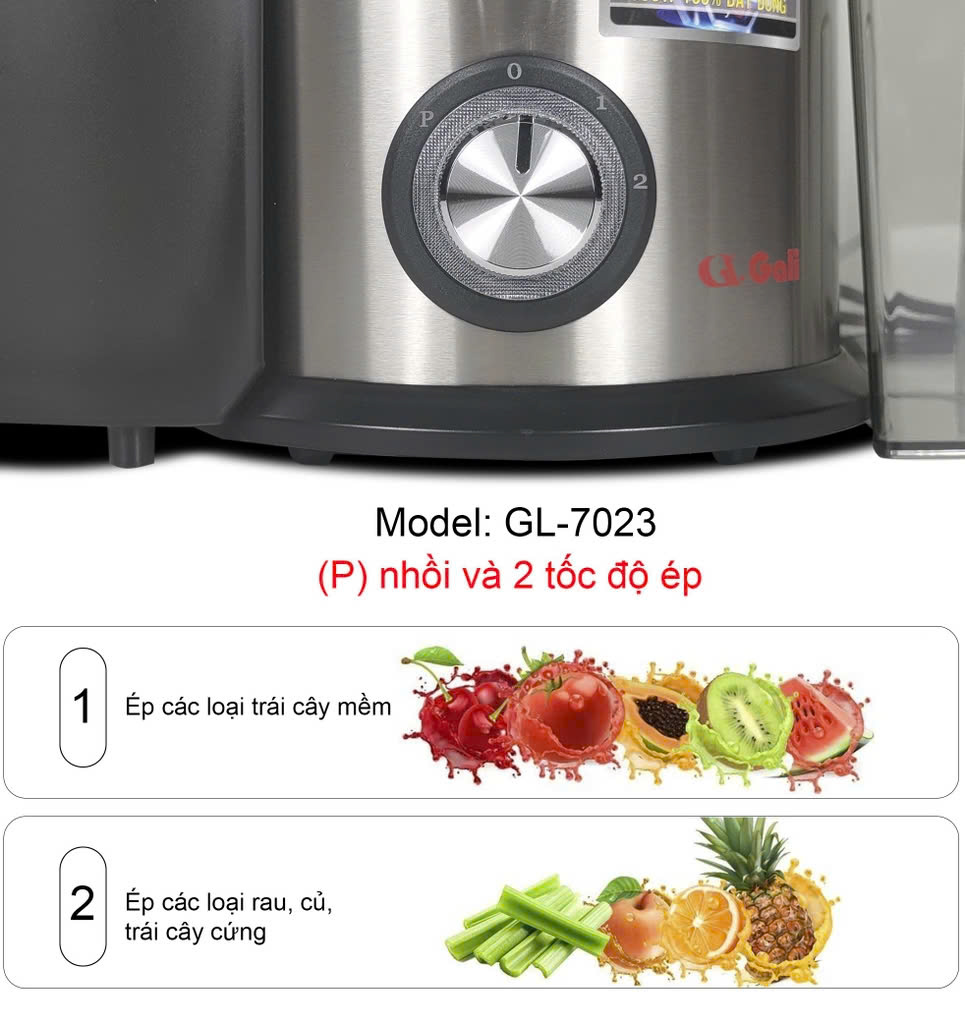 Máy ép trái cây Gali, đa chức năng, ép các loại rau, củ, quả, thân 2 lớp, motor dây đồng, cam kết hàng chính hãng, bảo hành 12 tháng chính hãng Gali
