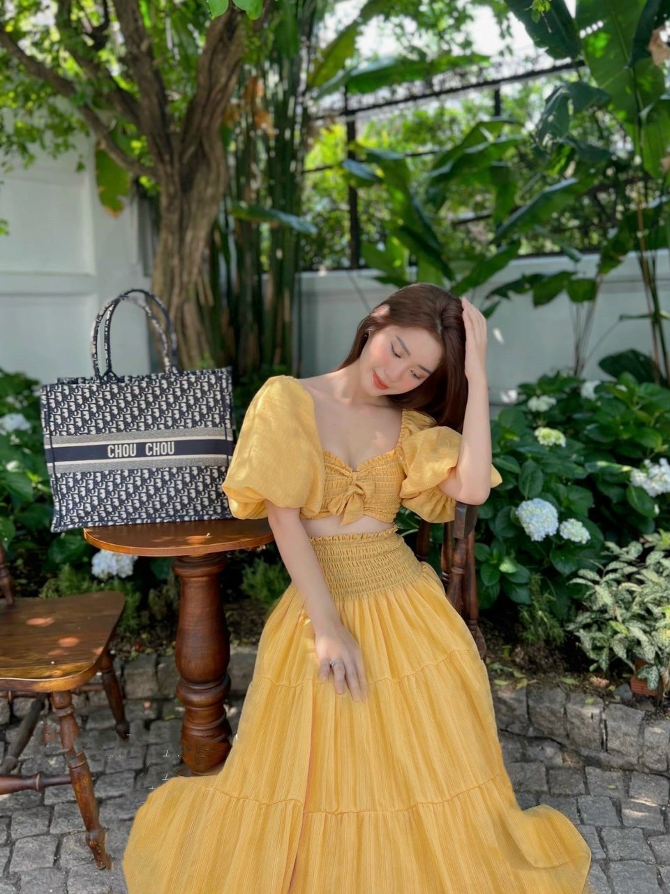 Set Maxi đi biển vàng tay phồng áo Droptop