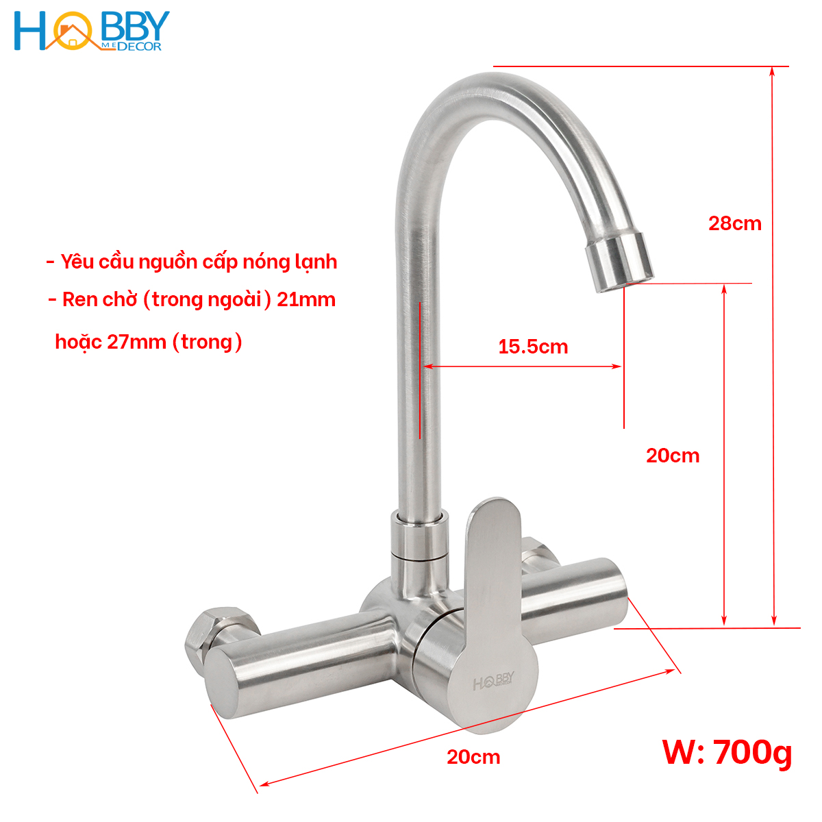 Vòi rửa chén nóng lạnh gắn tường Hobby Home Decor ANL3 inox 304 không rỉ sét