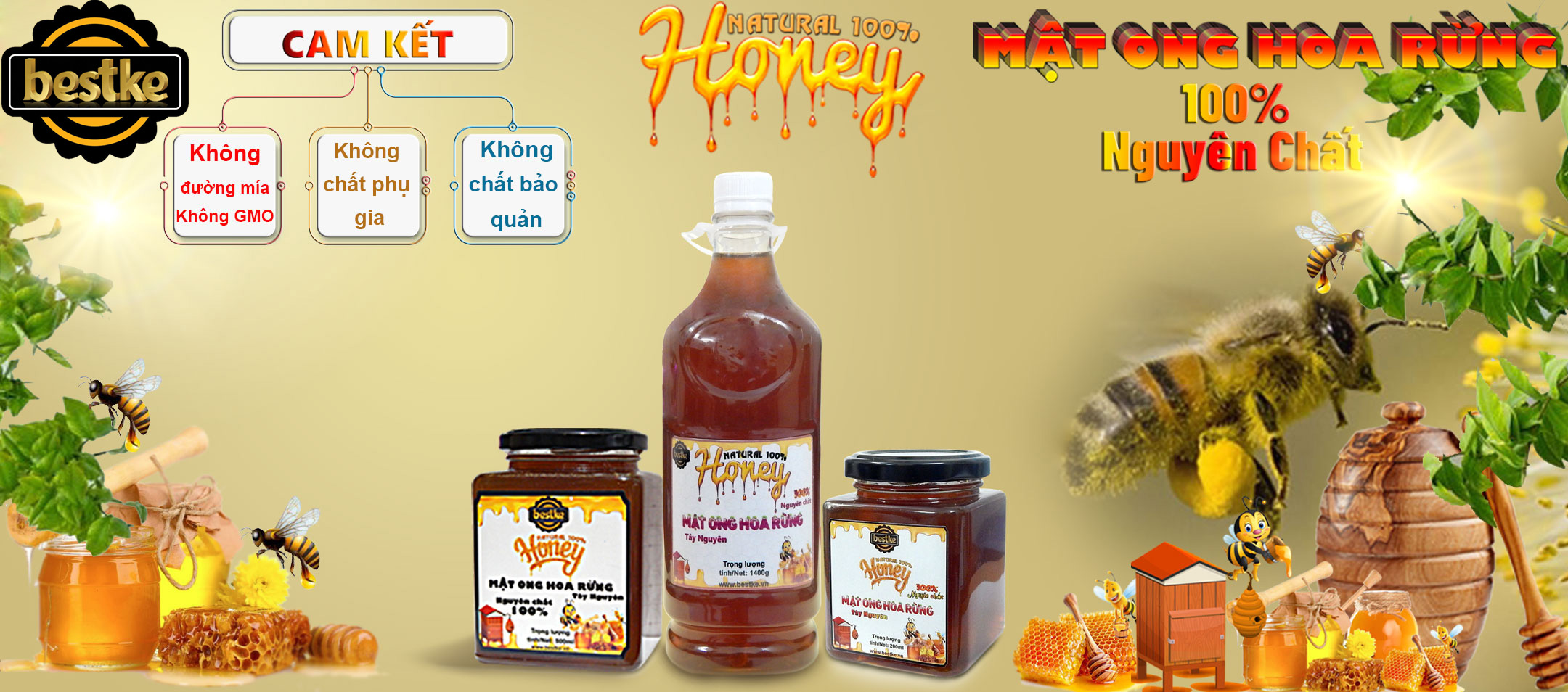 bestke mật ong hoa rừng nguyên chất 100%, combo 5 hũ, mỗi hũ 200ml, honey natural bestke