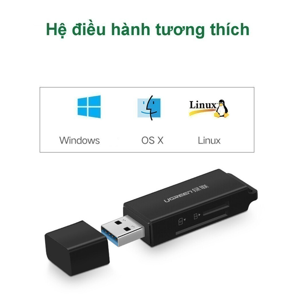 Đầu đọc thẻ SD / TF UGREEN CM104 - Chân cắm USB 3.0, Truyền tải dữ liệu nhanh chóng - Hàng chính hãng