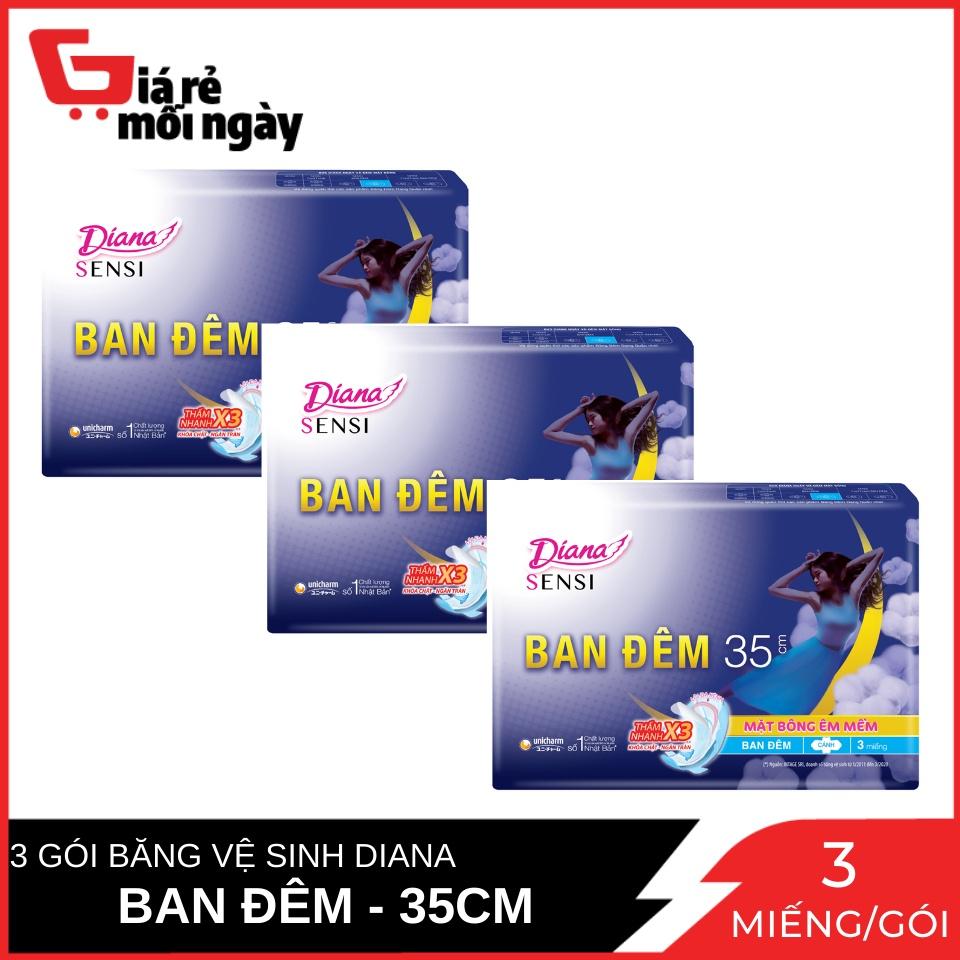 Combo 3 Băng vệ sinh Diana Sensi Ban Đêm Mặt Bông Êm Mềm 35cm 3 miếng / gói x3