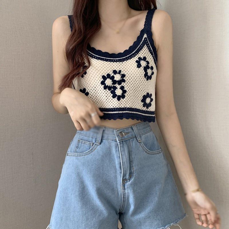 ✚⊕❖Áo Croptop Đan Dệt Kim Hoạ Tiết Hoa Xinh Xắn Thời Trang Mùa Hè Cho Phái Nữ