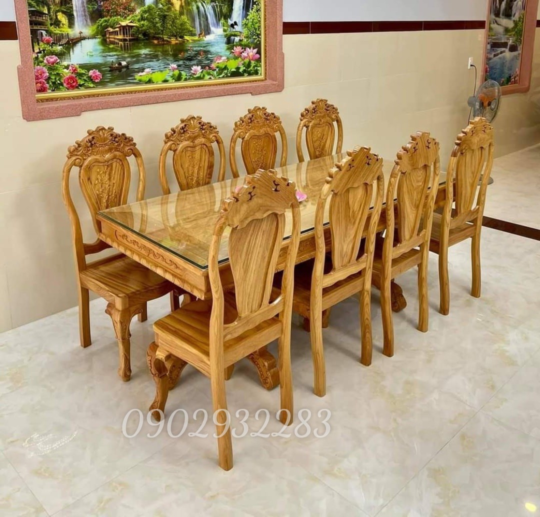Bộ bàn ăn gỗ gõ đỏ 8 ghế kiểu dáng sang trọng, gỗ đỏ nguyên khối không pha tạp chất hàng loại 1 xưởng gỗ MẠNH HÙNG tự sản xuất