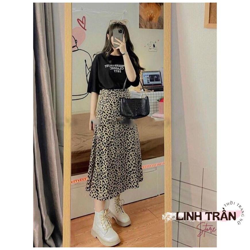 Sét Áo Phông Mix Chân Váy Midi Beo Nâu Áo Thun Đen Mix Chân Váy Linh Trần Storee