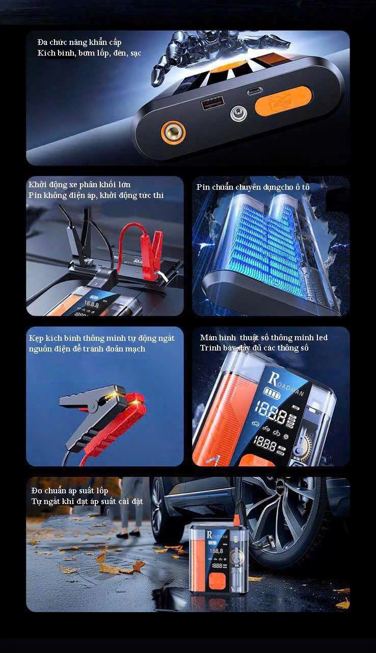 Bơm Lốp Ô Tô Kiêm Kích Bình Ắc Quy Roadman 8800mAh – Bơm Hơi Ô Tô Xe Máy, Cứu Hộ Khẩn Cấp, Sạc Pin USB, Màn Hình LED