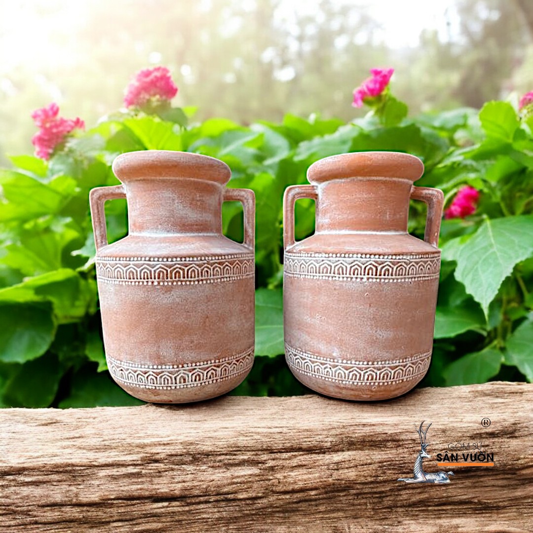 Bình Gốm Hai Quai Hoa Văn Thổ Cẩm R10xH6cm