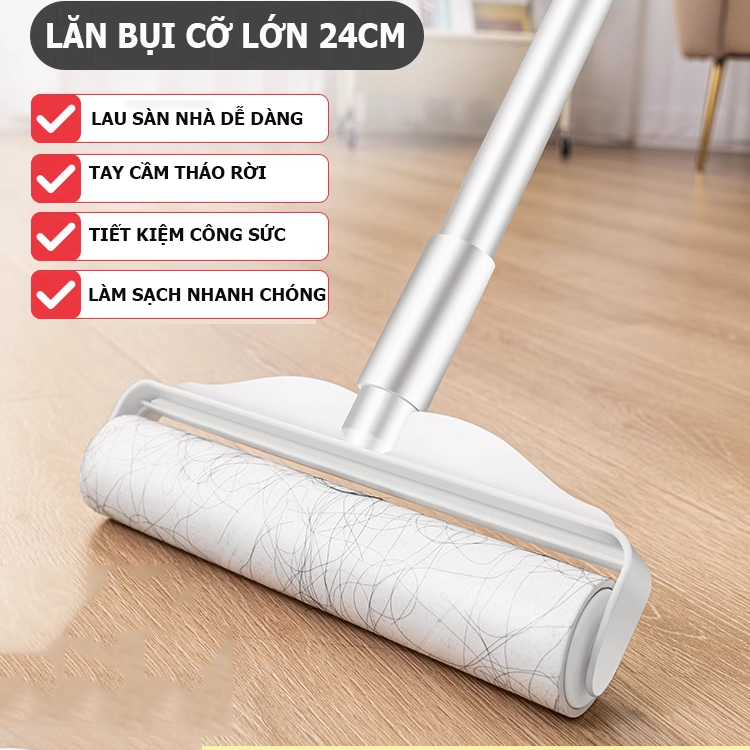 Combo Cây Lăn Bụi 24cm Cán Dài 1 Lõi Lăn Bụi Quần áo, Chăn Ga, Lông Chó Mèo