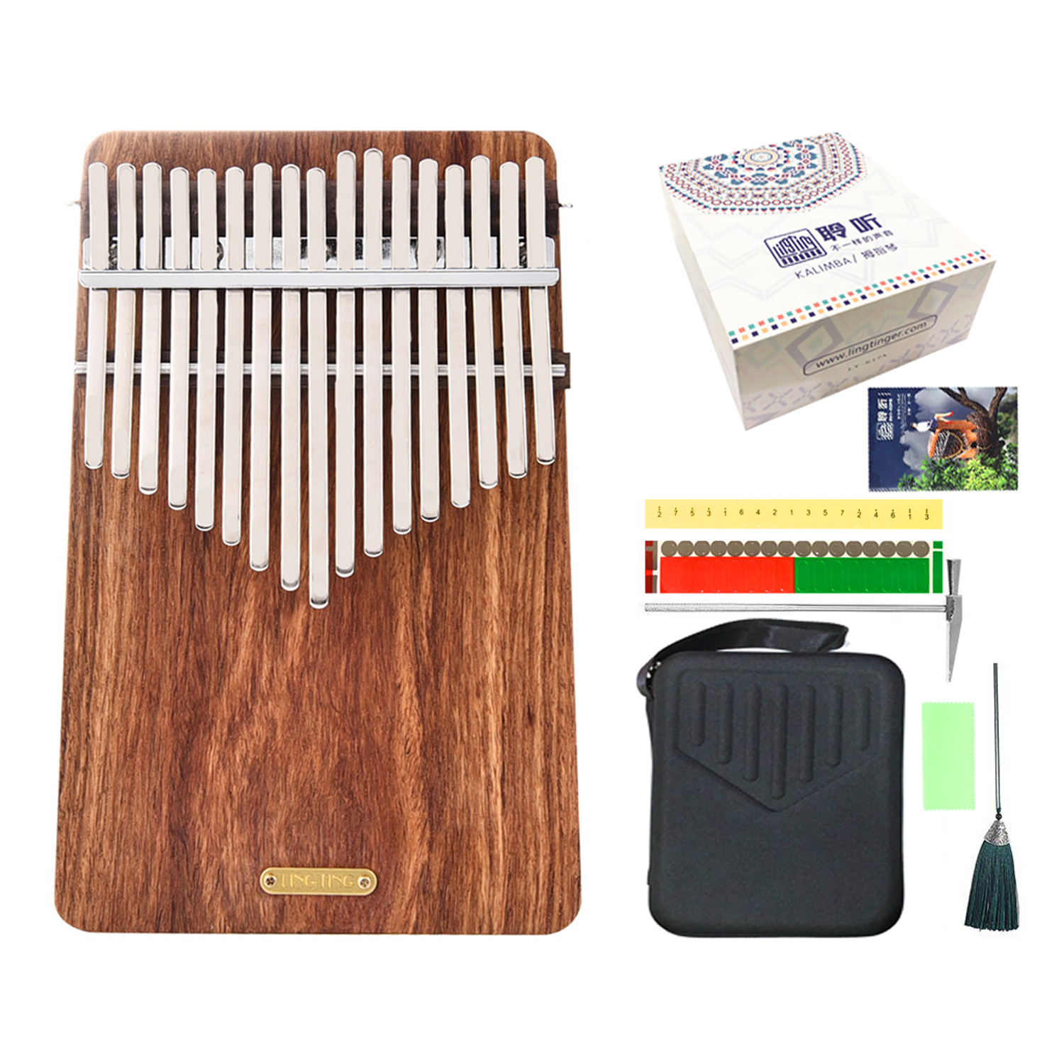 Đàn Kalimba LingTing 17 Phím Gỗ Tử Đàn LT-K17P (Hộp cứng chống sốc, Dầu giống gỉ phím, Dây tạo tiếng vang, Búa chỉnh âm, Túi đựng, Pickup nối ra loa, Dây treo trang trí Ling Ting K17P) - Kèm Kèn Kazoo DreamMaker.