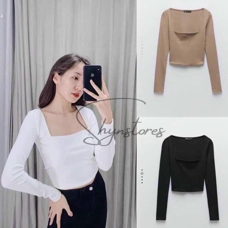 Áo thun tăm cổ vuông dài tay form ôm dáng croptop