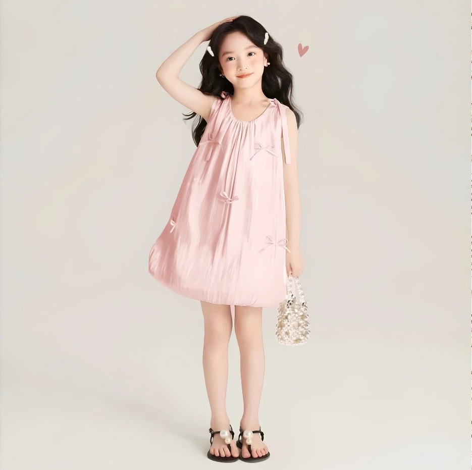 Đầm Bí Bé Gái, Váy Tiểu thư Bé Gái Voan Óng Sát Nách Rút Nơ Đi Tiệc, Đi Chơi Từ 12-45kg Dành Cho Bé Gái
