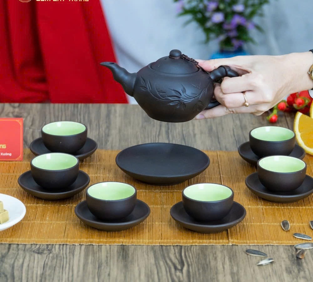 Bộ Ấm Trà Tử Sa Khắc Lá Trúc Cao Cấp – 1 Ấm 6 Chén 6 Đĩa, Phong Cách Trà Đạo, Quà Tặng Sang Trọng - HÀNG CHÍNH HÃNG MINIIN