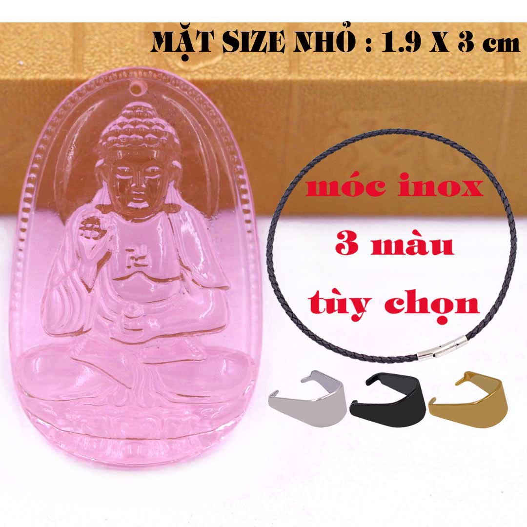 Mặt Phật A di đà pha lê hồng 1.9cm x 3cm  kèm vòng cổ dây da đen + móc inox vàng, Phật bản mệnh, mặt dây chuyền