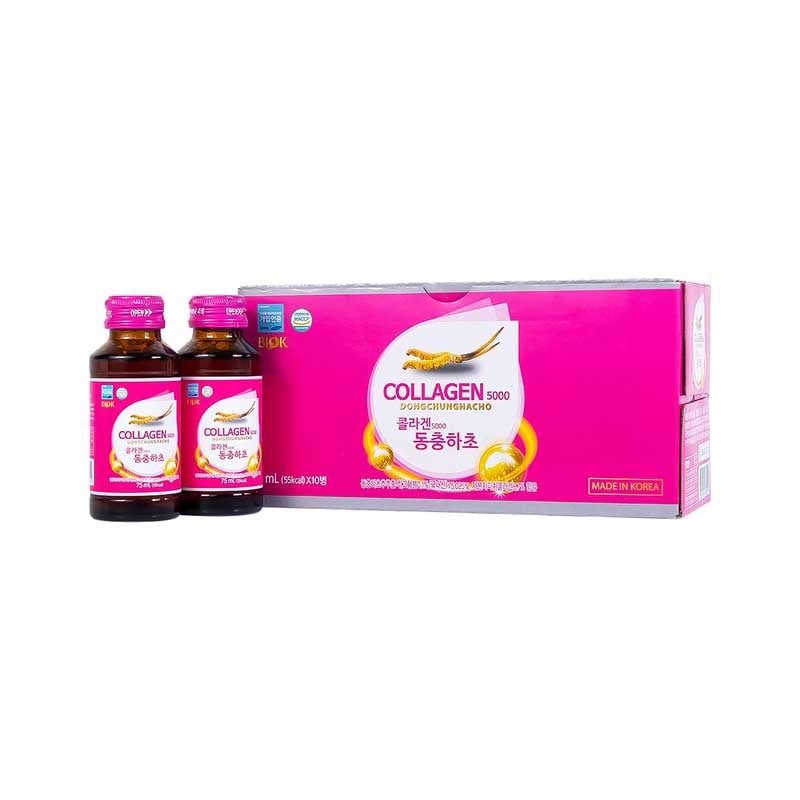 Nước Đông Trùng Hạ Thảo Collagen 5000 Biok 75ml x 10 chai cho phụ nữ giúp chống lão hóa, mờ nếp nhăn, khỏe tóc và tốt cho xương khớp